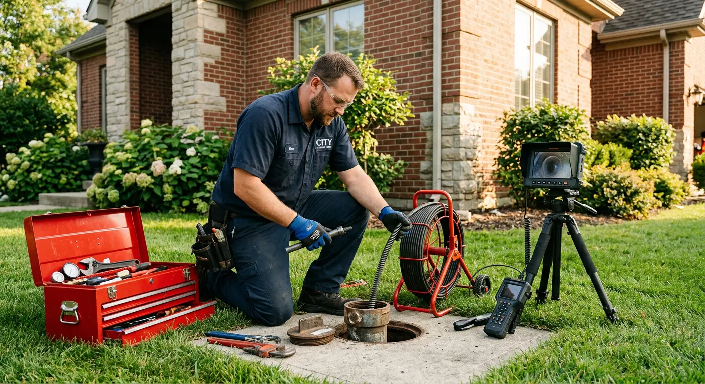 Sewer specialist with camera equipment servicing a cleanout in Barre