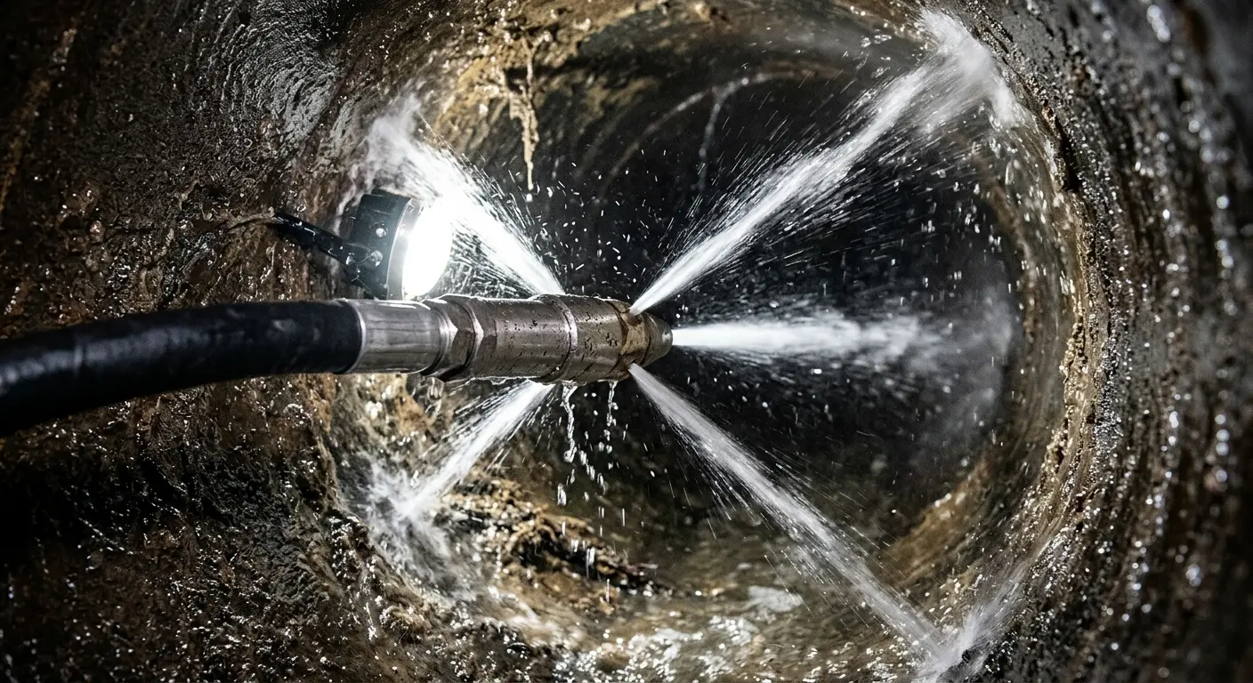 High-pressure hydro jetting nozzle cleaning sewer pipe for Sewer Cleanout in Barre