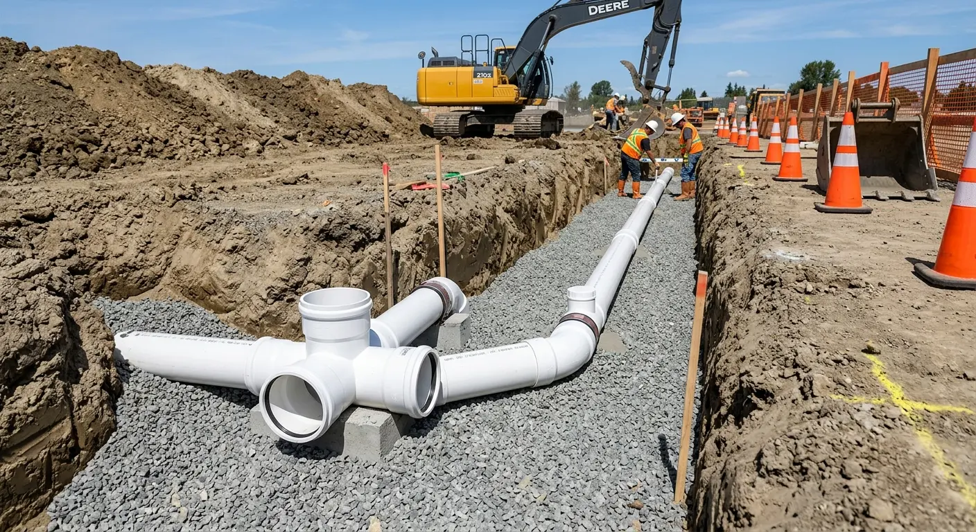 New PVC sewer pipe installation in open trench for Sewer Backup in Barre