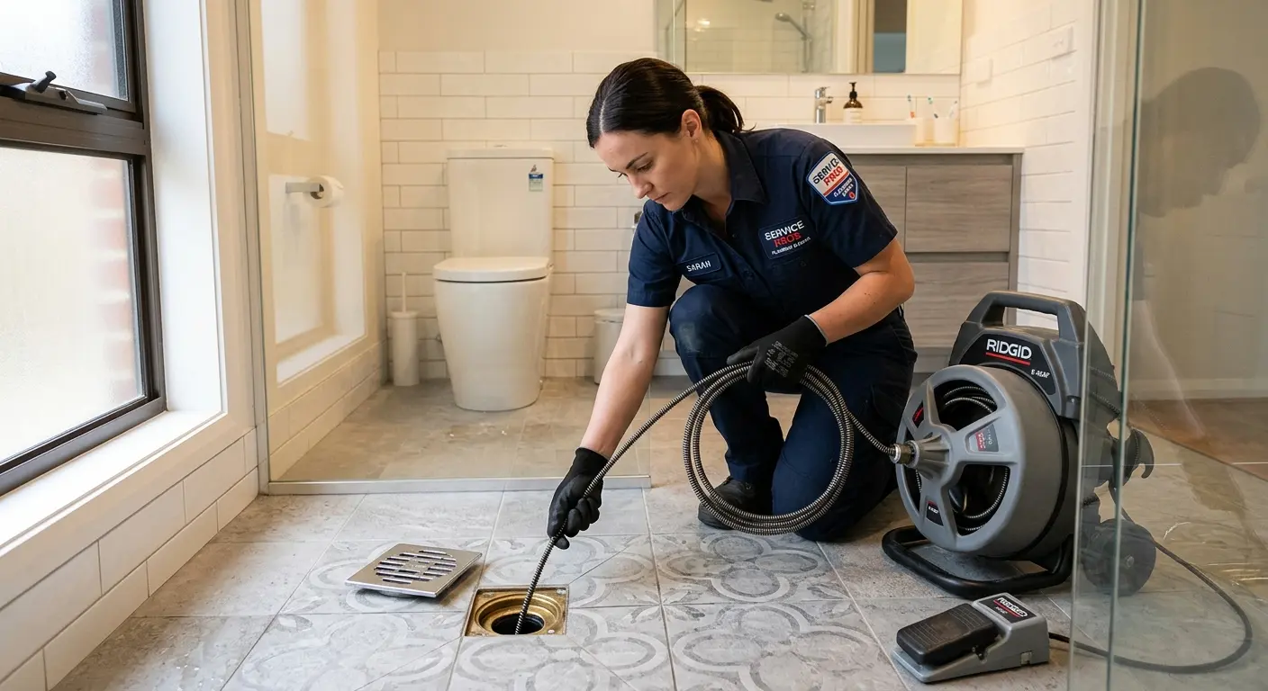 Technician clearing a bathroom floor drain for Drain Cleaning in Barre
